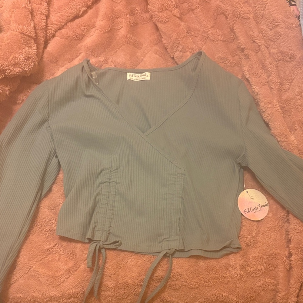 Sage Green Ribbed Wrap Crop Top